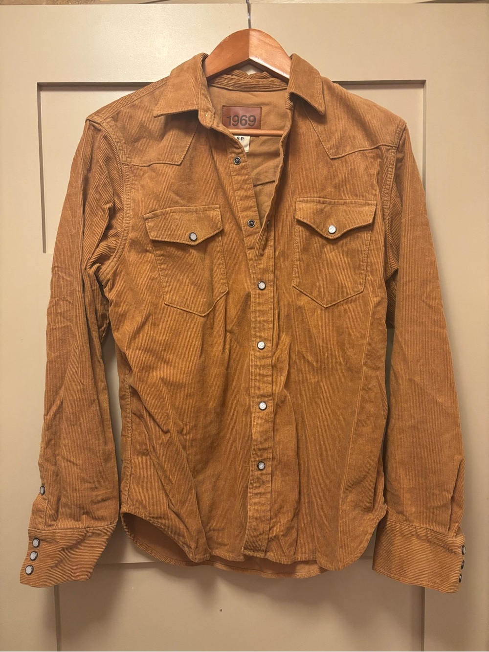 GAP 1969 Corduroy Western Shirt Snap Button Down Pockets Tan Caramel Brown